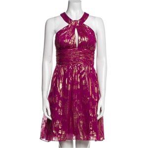 Aidan Mattox Niteline Red Metallic Gold Silk Cocktail Dress Sleeveless Halter 8